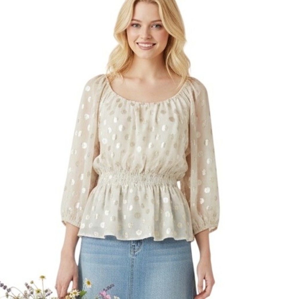FRANCESCAS Mi Ami Gold Metallic Polka Dot Smocked Peplum Blouse Cream Medium NWT
